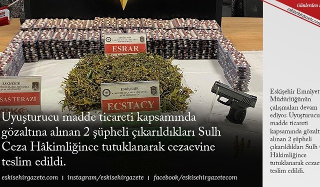 Uyuşturucu madde ticareti kapsamında gözaltına alınan 2 şüpheli çıkarıldıkları Sulh Ceza Hâkimliğince tutuklanarak cezaevine teslim edildi.