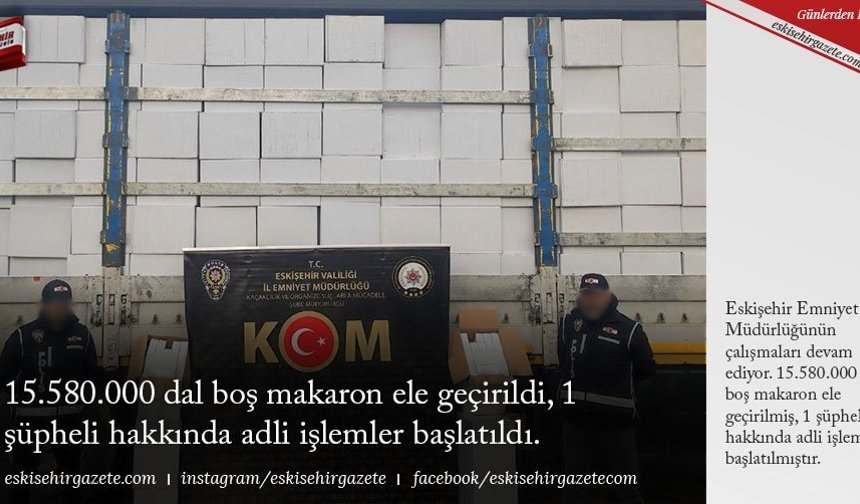 15.580.000 dal boş makaron ele geçirildi, 1 şüpheli hakkında adli işlemler başlatıldı.