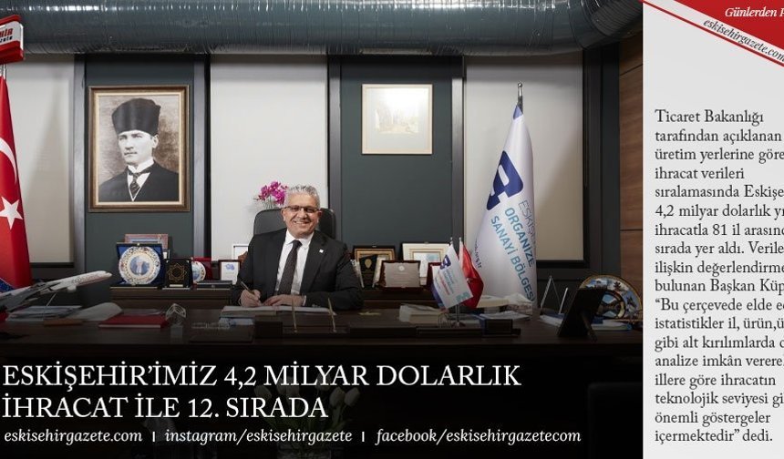 ESKİŞEHİR’İMİZ 4,2 MİLYAR DOLARLIK İHRACAT İLE 12. SIRADA